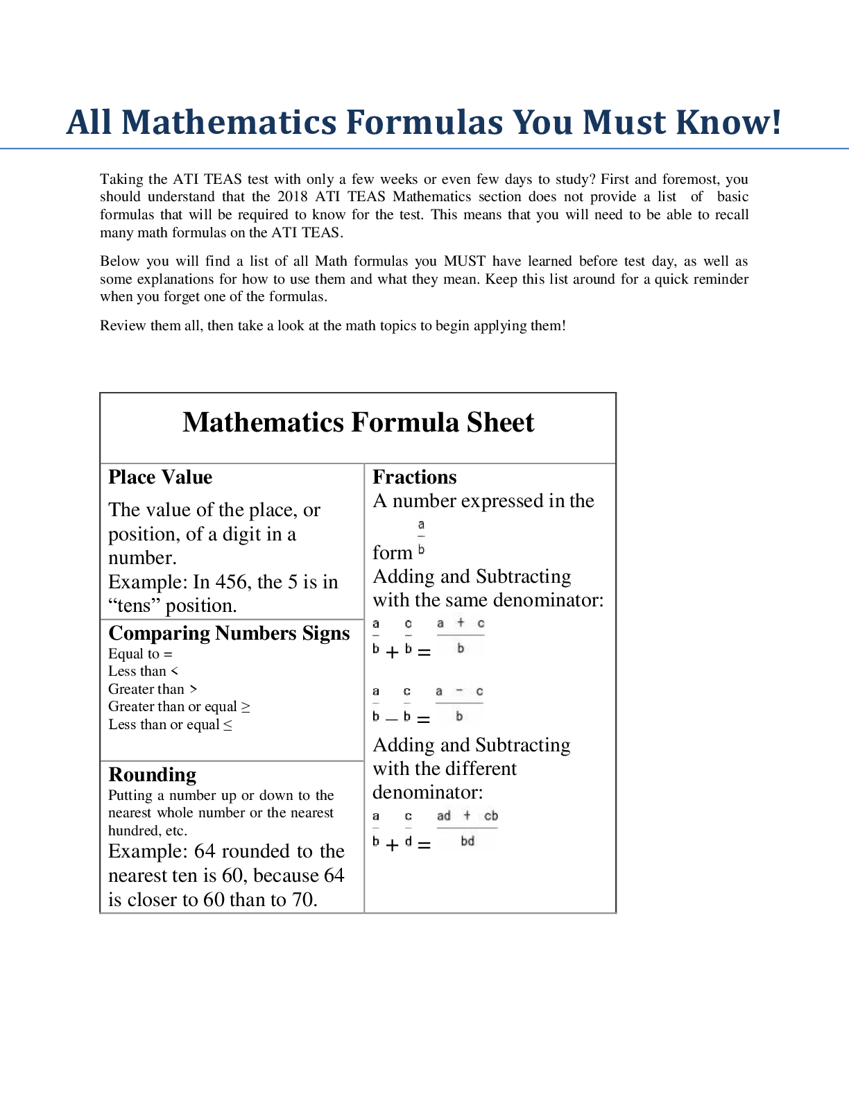 Preview image for ATI TEAS. All Mathematics Formulas You Must Know! Taking the ATI TEAS test with only a few weeks or even few days to study.